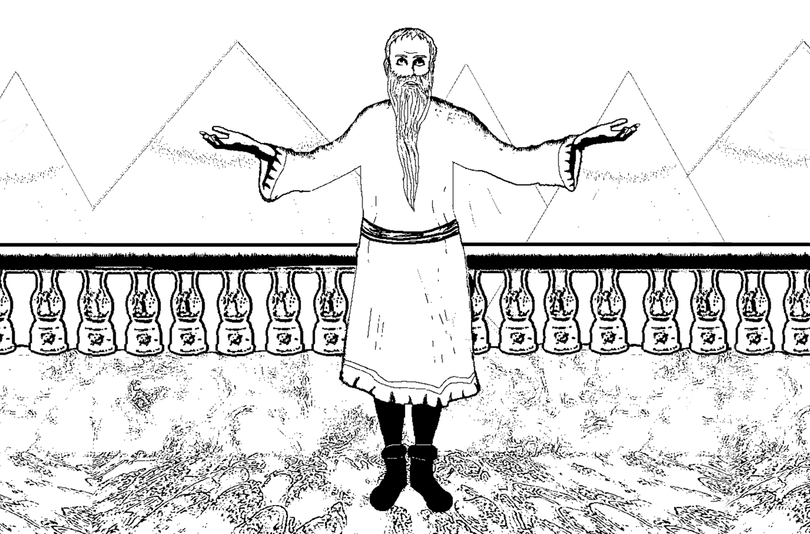 A black and white drawing of a pyramid