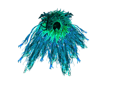 A blue tree with a single green leaf